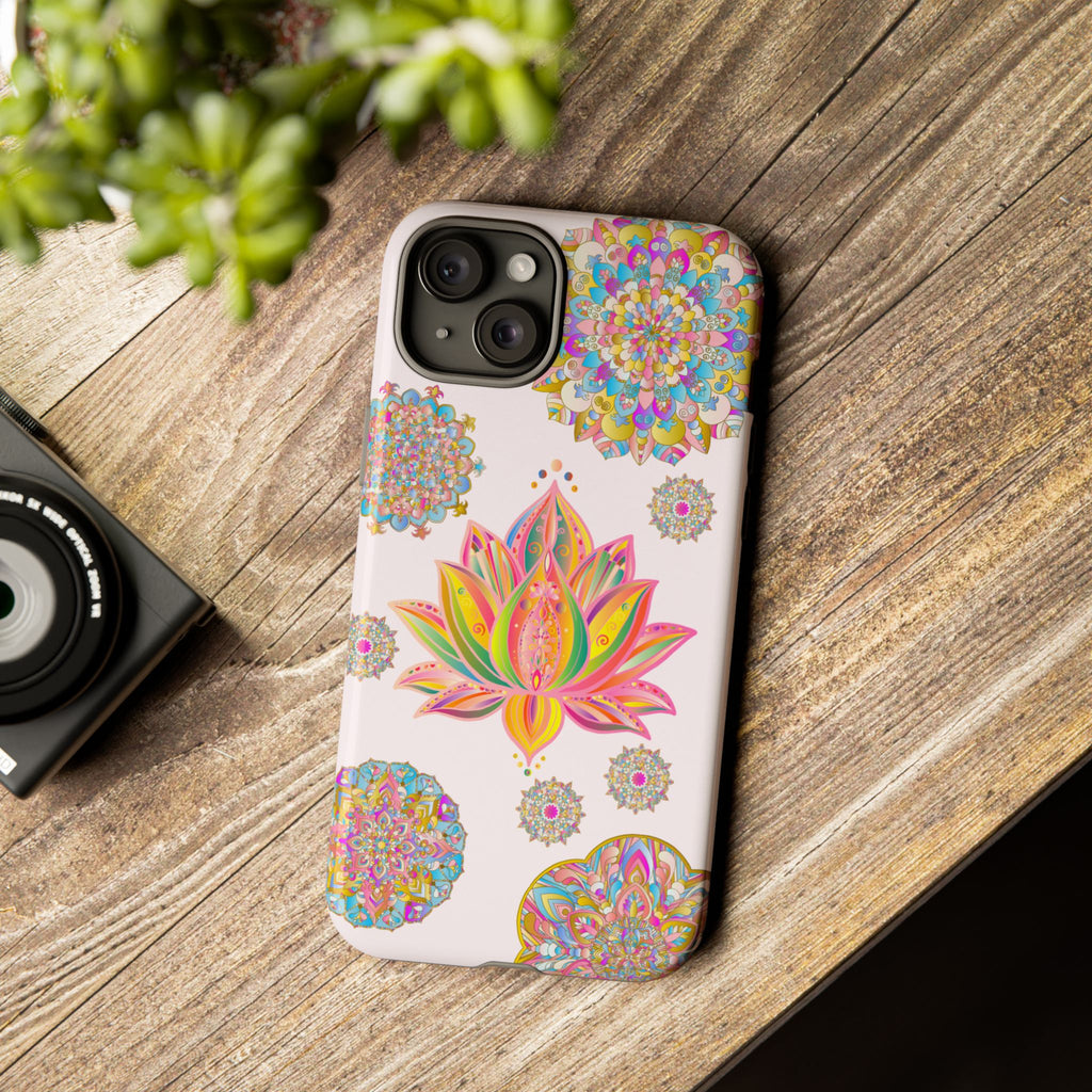 A light pink phone case with a mandala design featuring a beautiful lotus flower