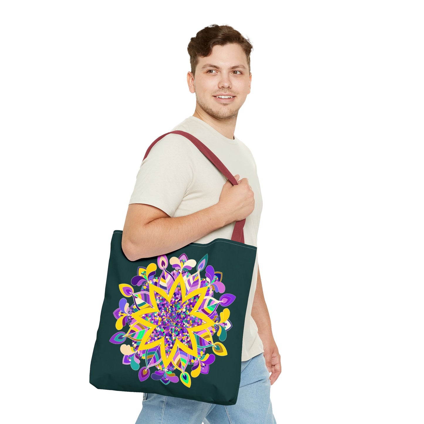 Dark green Zen girl mandala tote bag with colorful and intricate design by Blululi