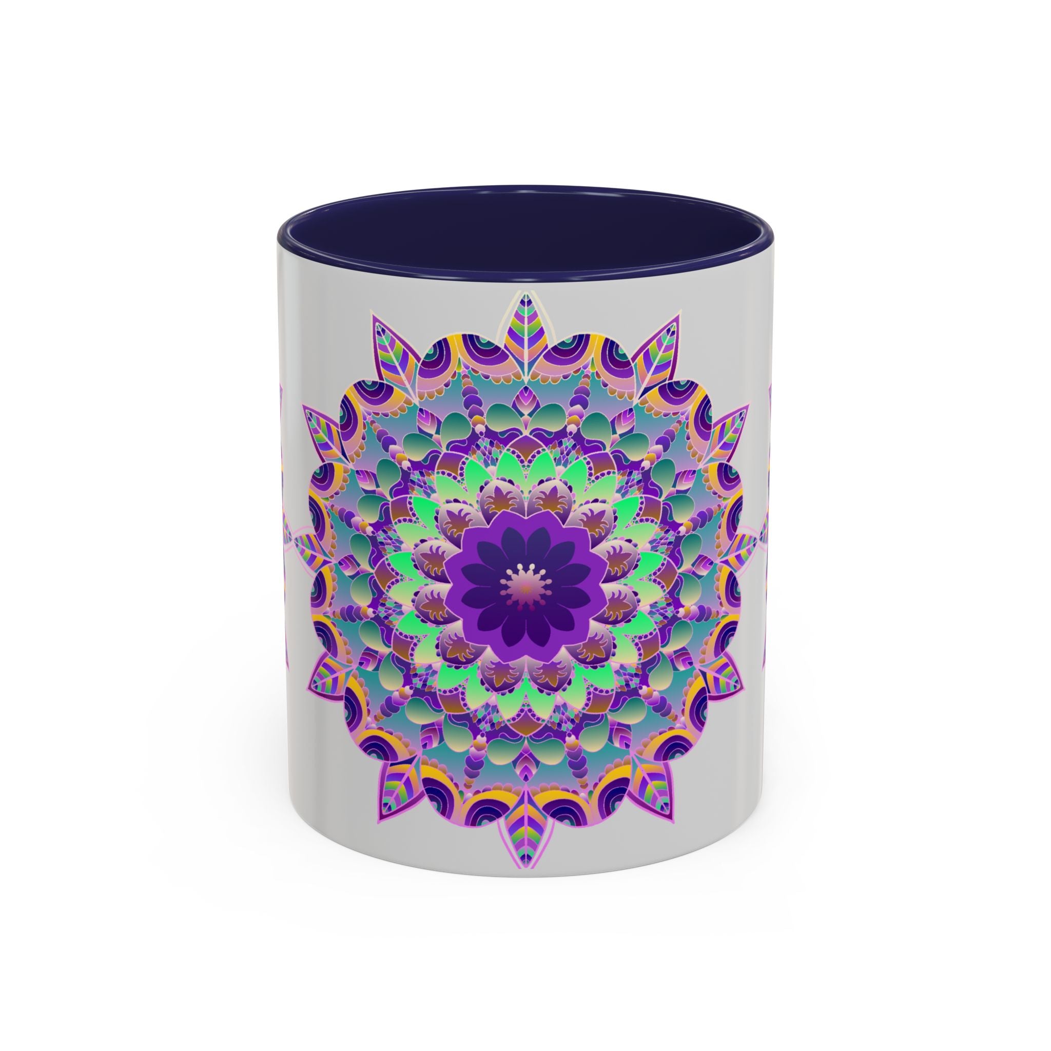 Beautiful light grey ceramic mug with a vibrant mandala design