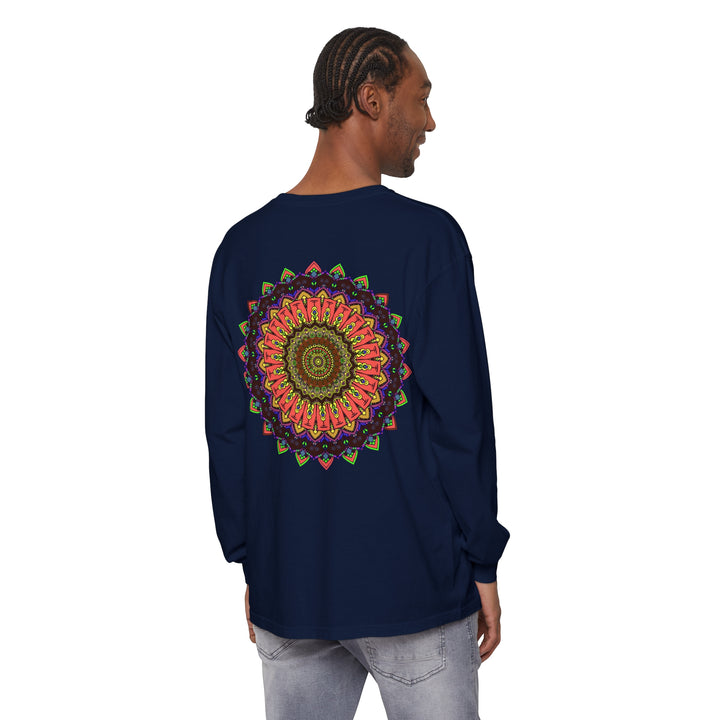 A vibrant and detailed mandala design adorns this long sleeve t-shirt