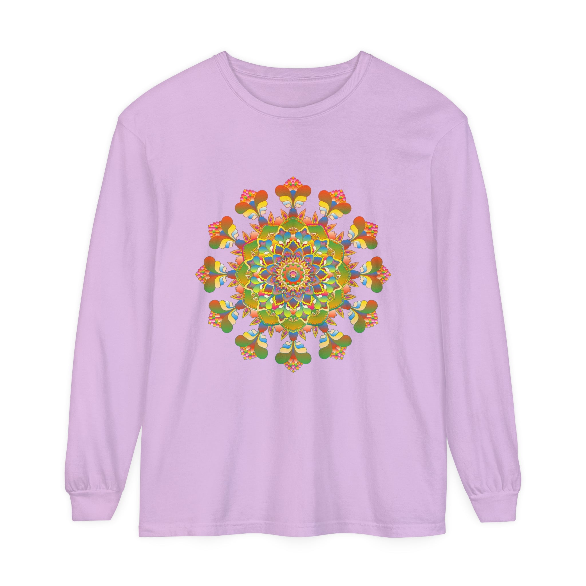 Vibrant Mandala Long Sleeve T-Shirt showcasing colorful and intricate art design