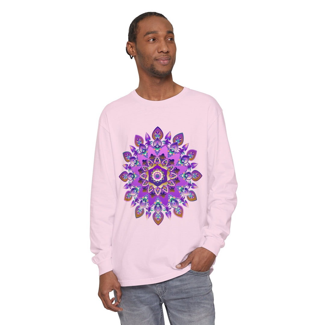 Colorful purple and gold mandala design long sleeve t-shirt for women