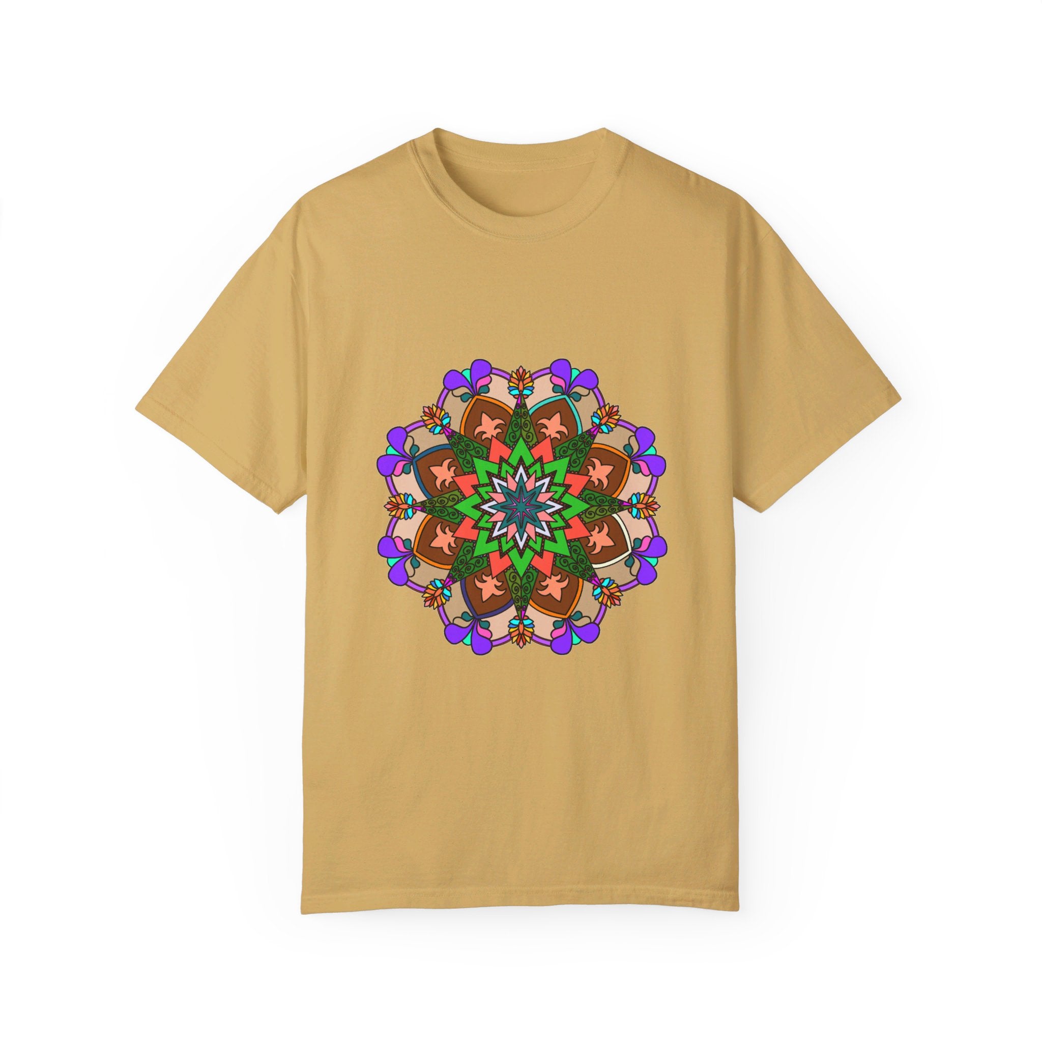 Unisex Mandala T-Shirt featuring hand-drawn mandala art, made from 100% ring-spun cotton, and garment-dyed for extra comfort