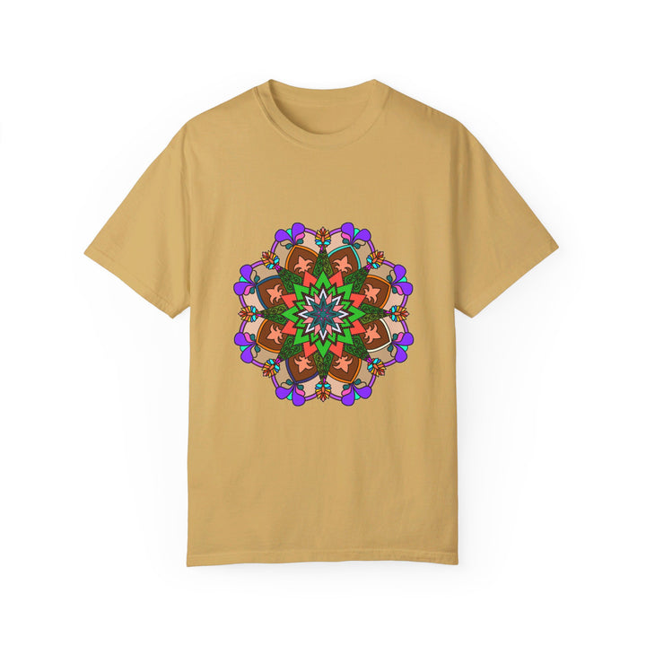 Unisex Mandala T-Shirt featuring hand-drawn mandala art, made from 100% ring-spun cotton, and garment-dyed for extra comfort