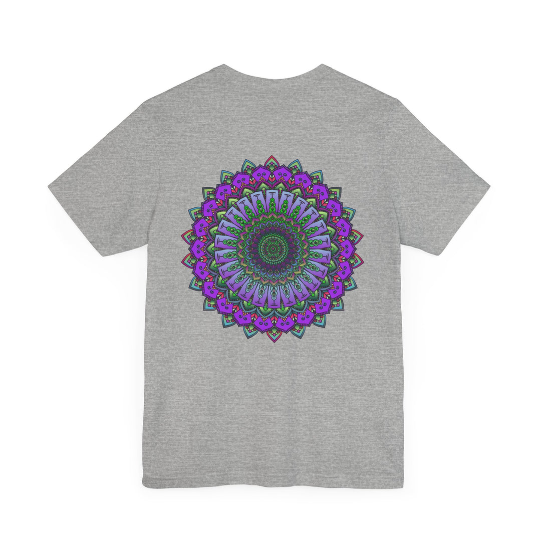 Colorful mandala tee featuring intricate spiritual symbols for peace and harmony