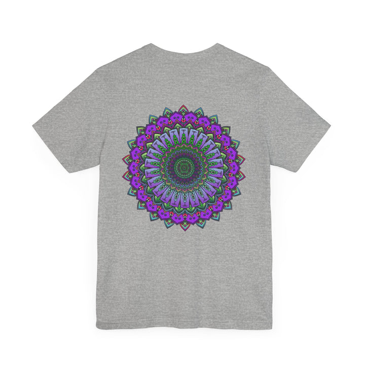 Colorful mandala tee featuring intricate spiritual symbols for peace and harmony