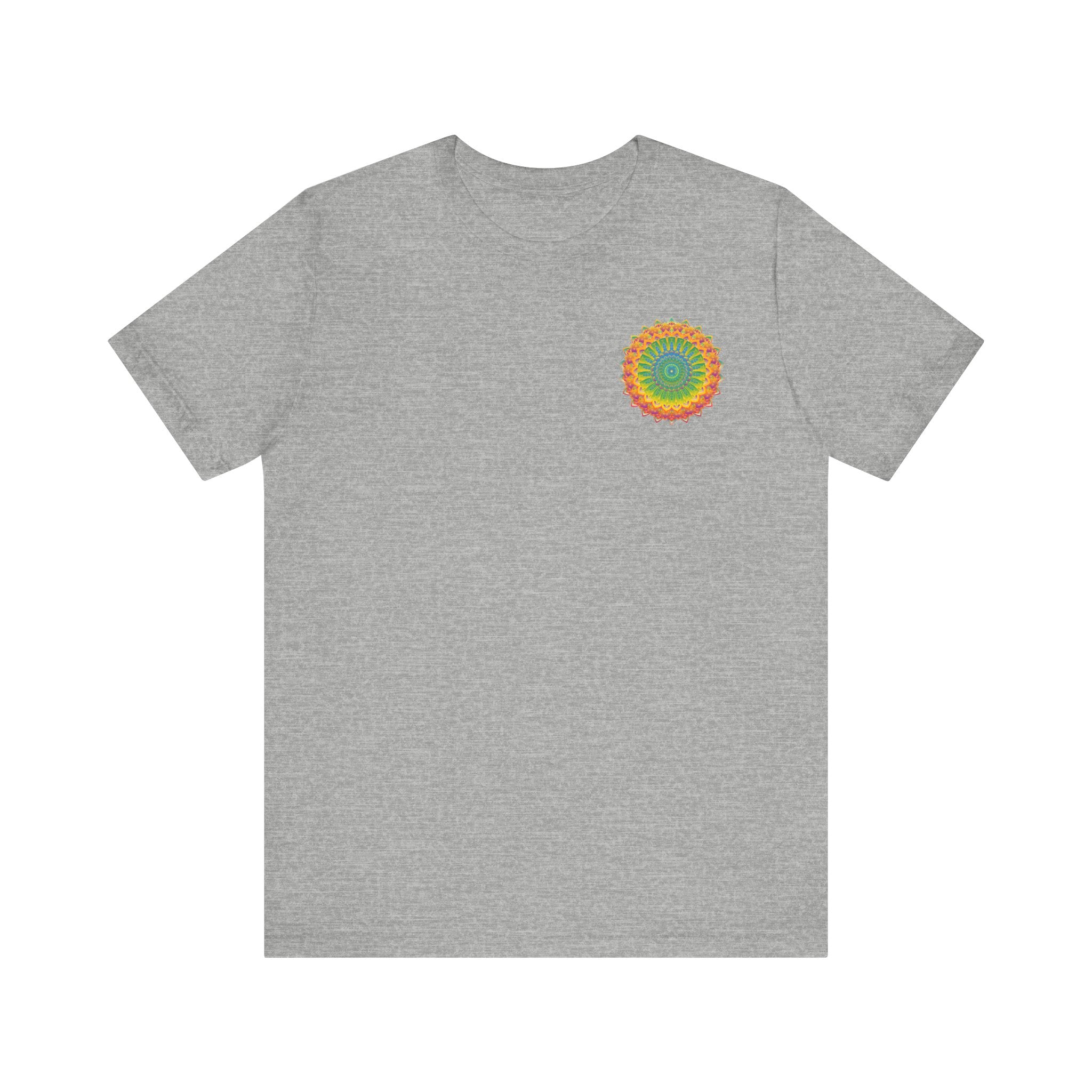 A colorful and intricate mandala design adorns a vibrant tee, evoking a sense of spiritual peace and harmony