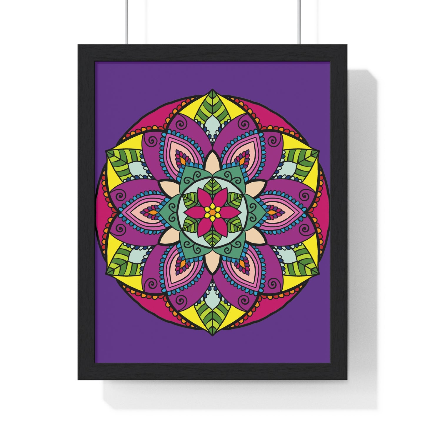 Hand-drawn purple mandala art framed poster for mindfulness and yoga