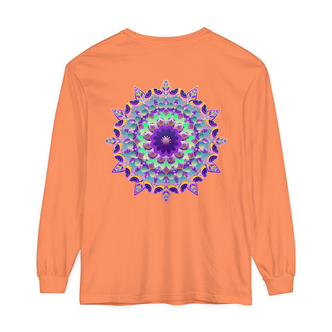 Colorful and intricate Psychedelic Mandala Long Sleeve T-Shirt design on black fabric