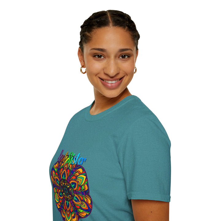 Softstyle unisex t-shirt featuring a hand-drawn mandala art design, perfect as a gift for your sister