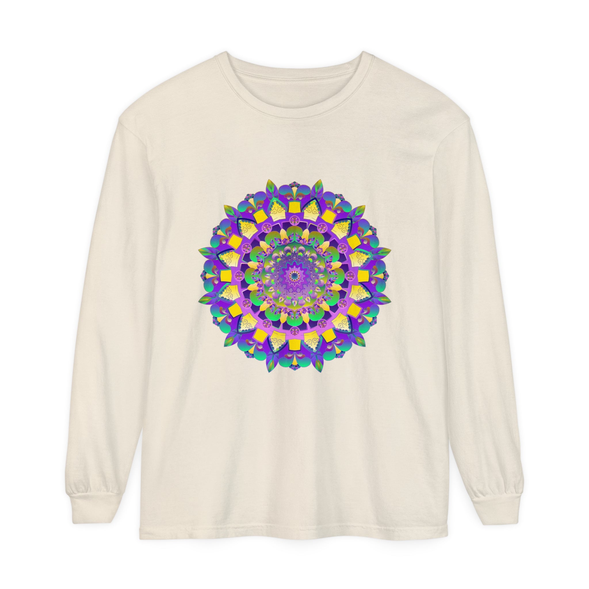 Vibrant Mandala Unisex Long Sleeve T-Shirt featuring a colorful, intricate mandala design