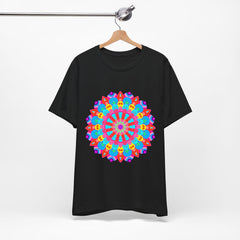 Vibrant and intricate mandala design on a t-shirt, featuring psychedelic art and a burst of colorful patterns
