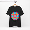 Vibrant and intricate mandala design on a t-shirt, featuring psychedelic art and a burst of colorful patterns