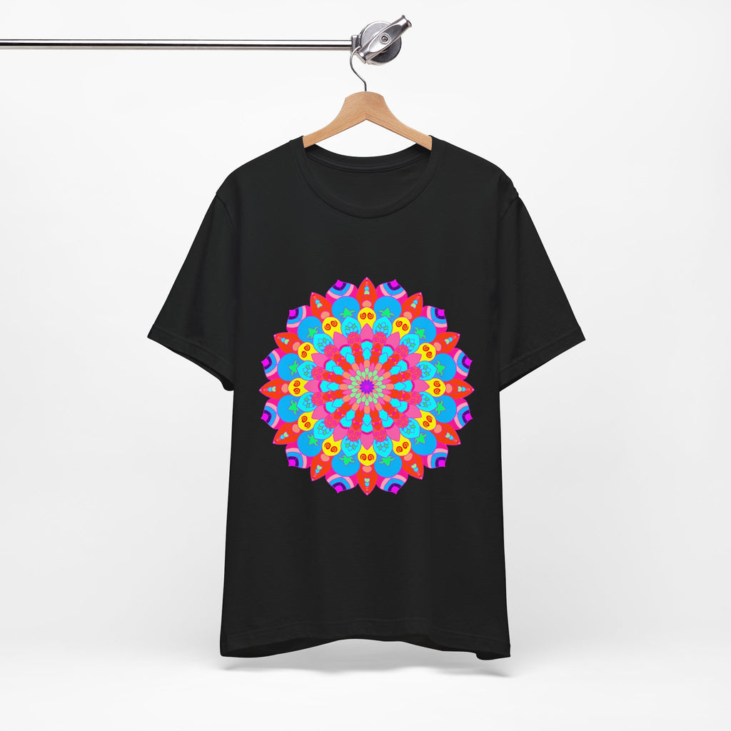 Vibrant and intricate mandala design on a t-shirt, featuring psychedelic art and a burst of colorful patterns