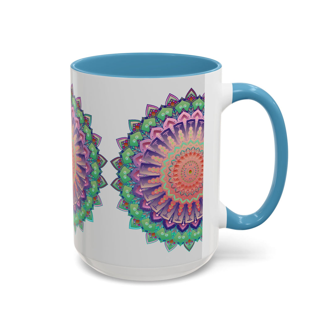 Colorful ceramic mug featuring intricate mandala art with vibrant floral designs