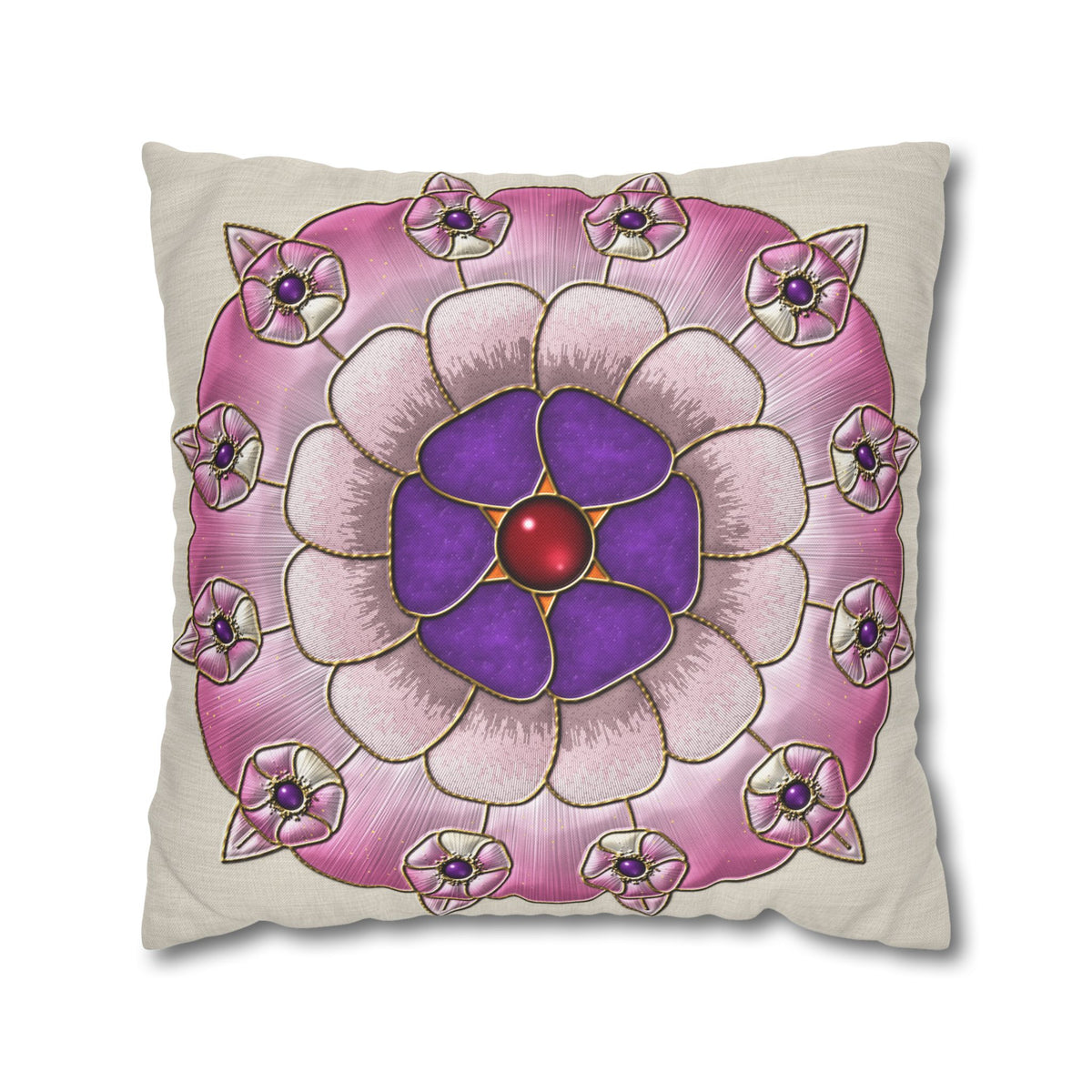 Federa quadrata con motivo a mandala floreale rosa e viola