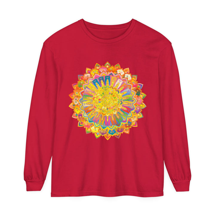 A close-up image of a vibrant and detailed mandala design on a unisex long sleeve t-shirt