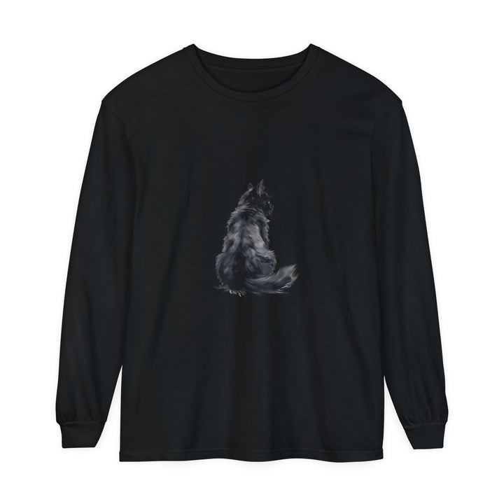 Black cat silhouette printed on unisex long sleeve t-shirt in black