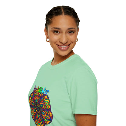 Colorful and intricate mandala art design on a softstyle unisex t-shirt, perfect as a thoughtful gift for a sister, hand-drawn and unique