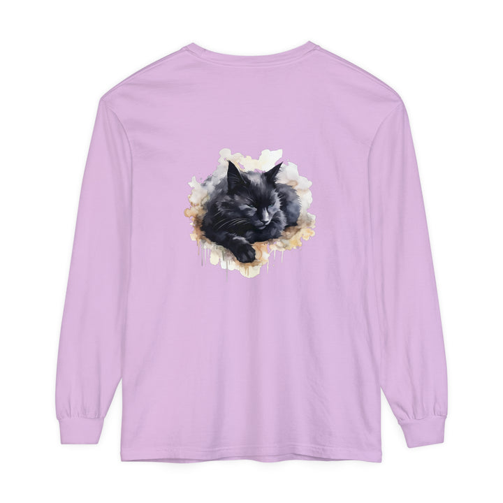 A peaceful and elegant watercolor illustration of a sleeping black cat on a high-quality t-shirt