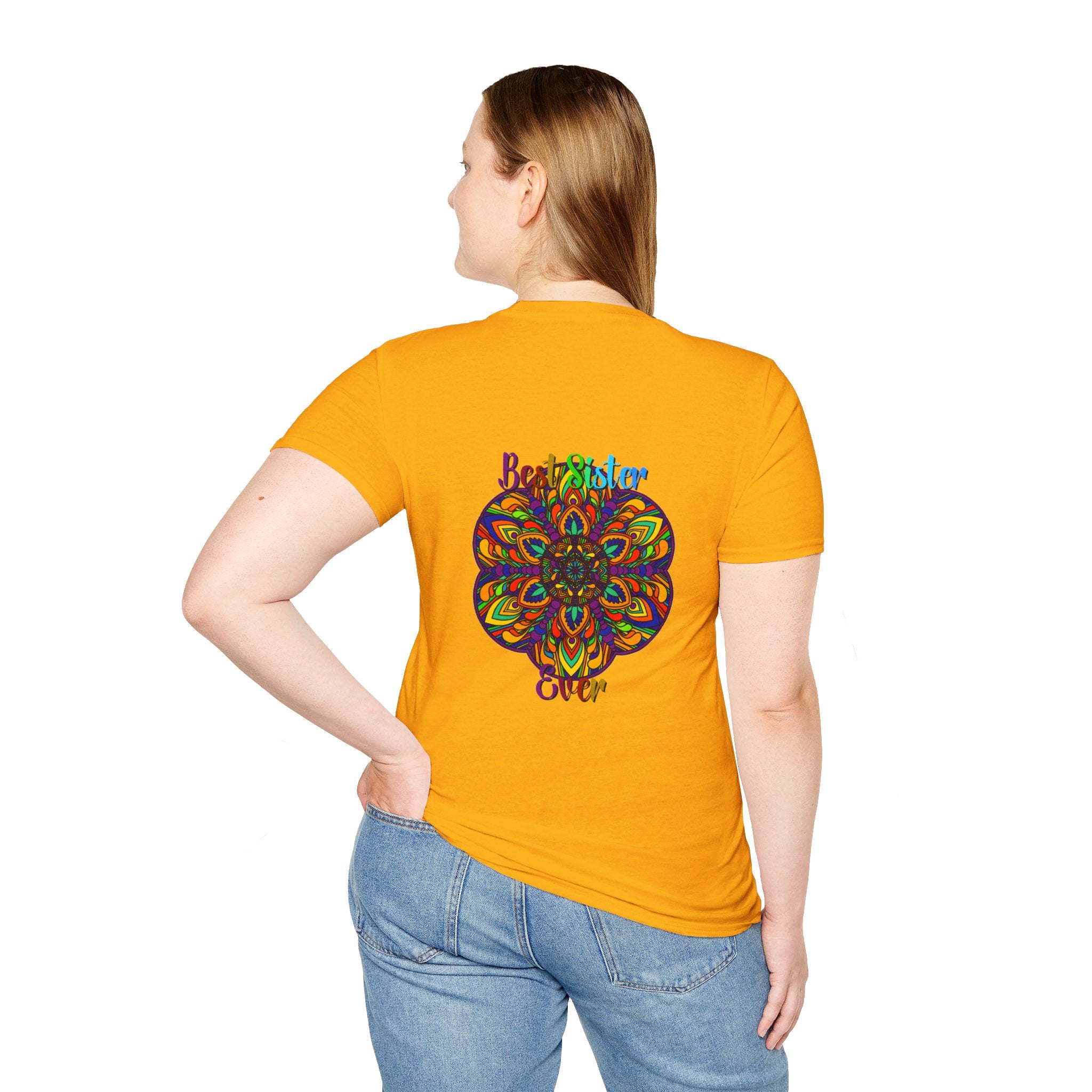 Colorful and intricate mandala art design on a soft, unisex T-shirt, perfect as a unique gift for a sister with its hand-drawn details