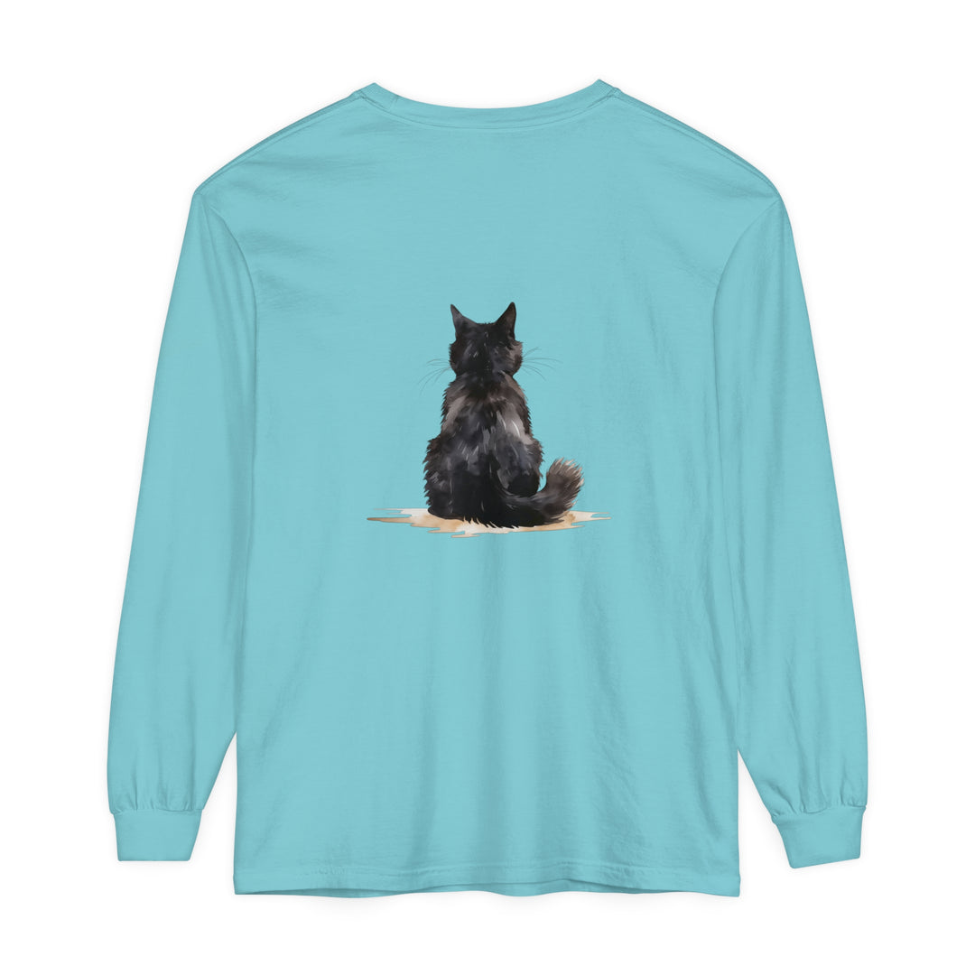 Black Cat Watercolor design featured on a comfortable and stylish unisex long sleeve t-shirt