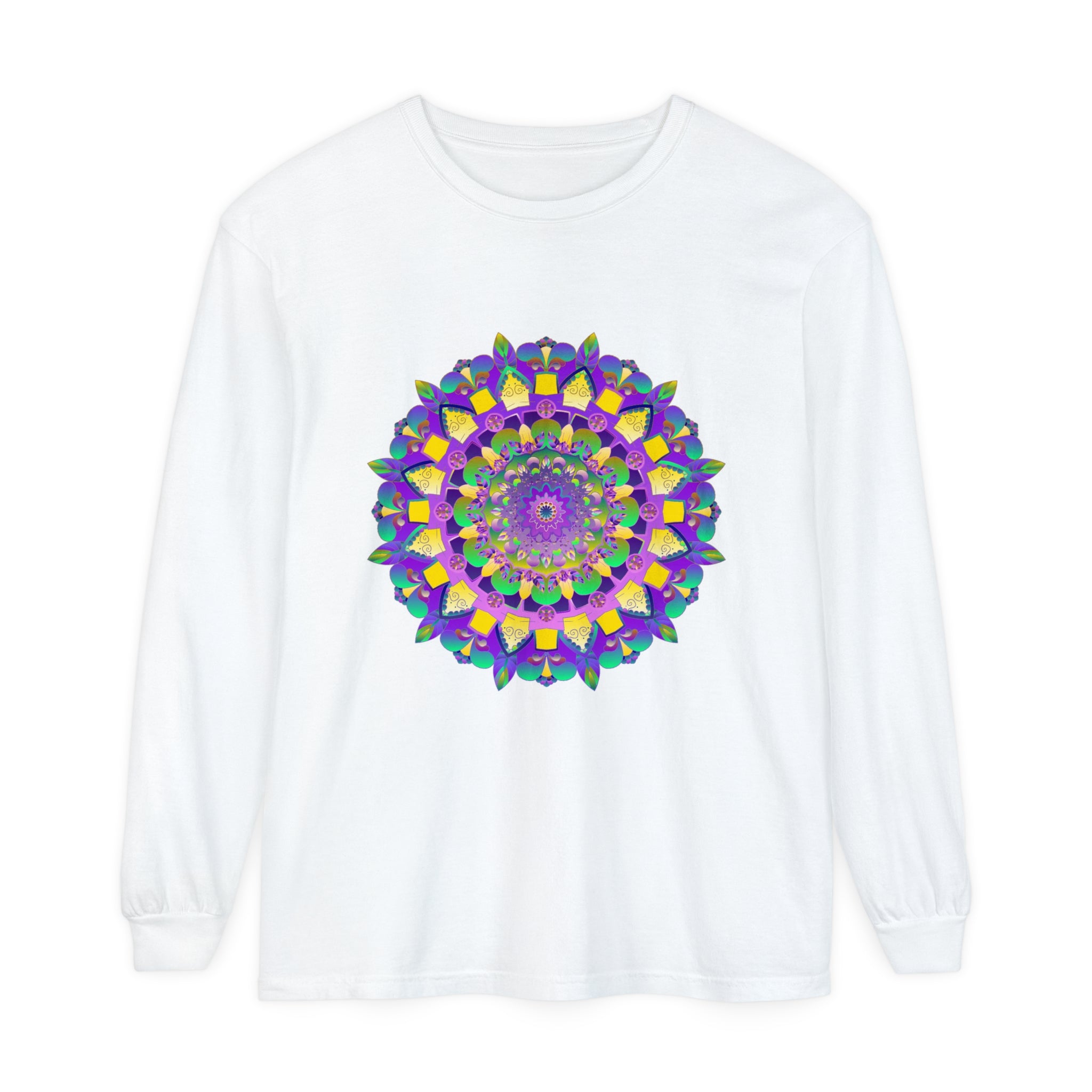 Vibrant Mandala Unisex Long Sleeve T-Shirt featuring intricate, colorful mandala design