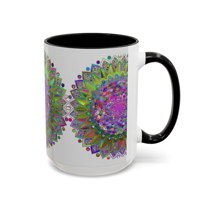 Psychedelic Mandala Mug - Vibrant and intricate art on a grey ceramic mug, perfect for adding a pop of color to your morning coffee routine