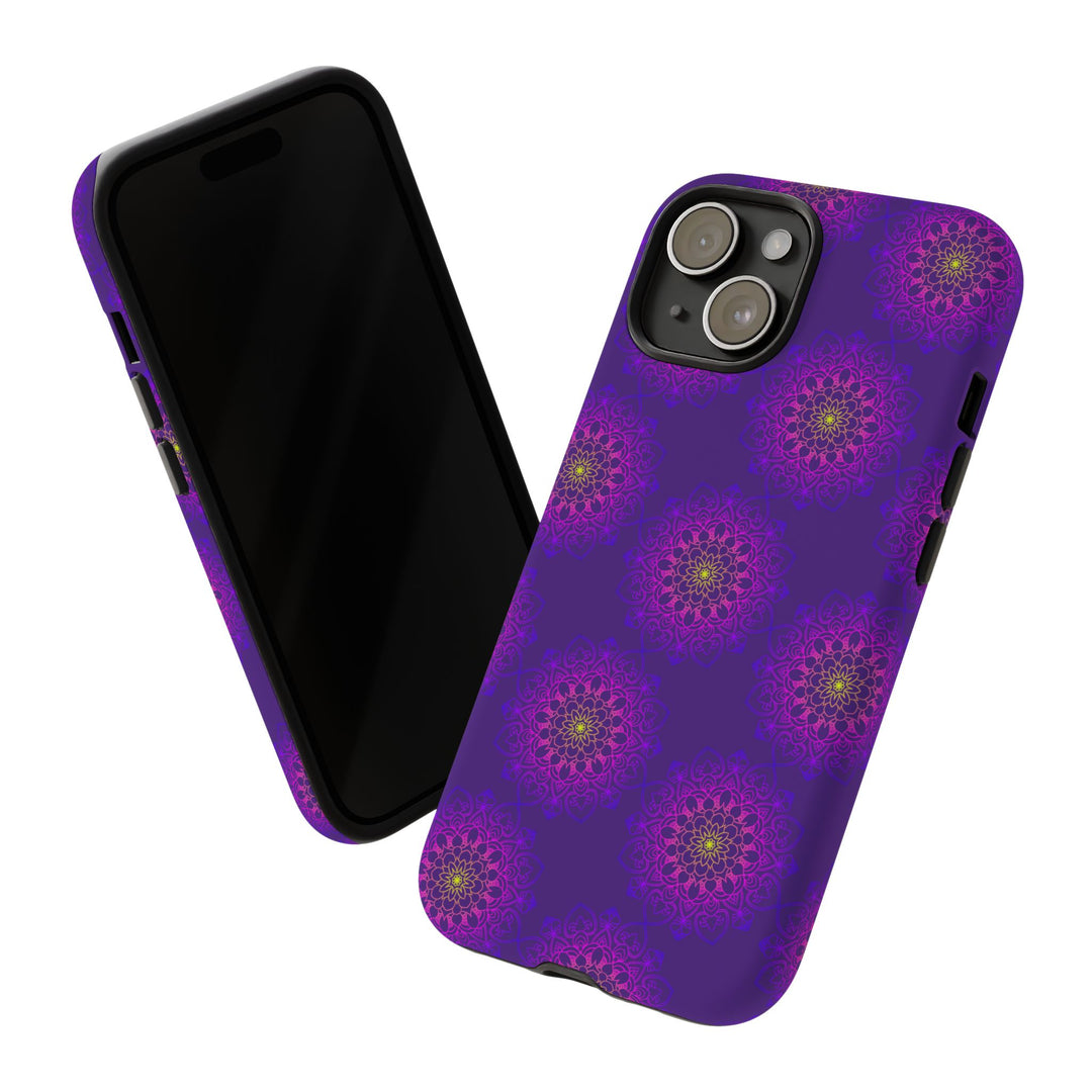 Intricate Purple Floral iPhone Case with Bold Mandala Design