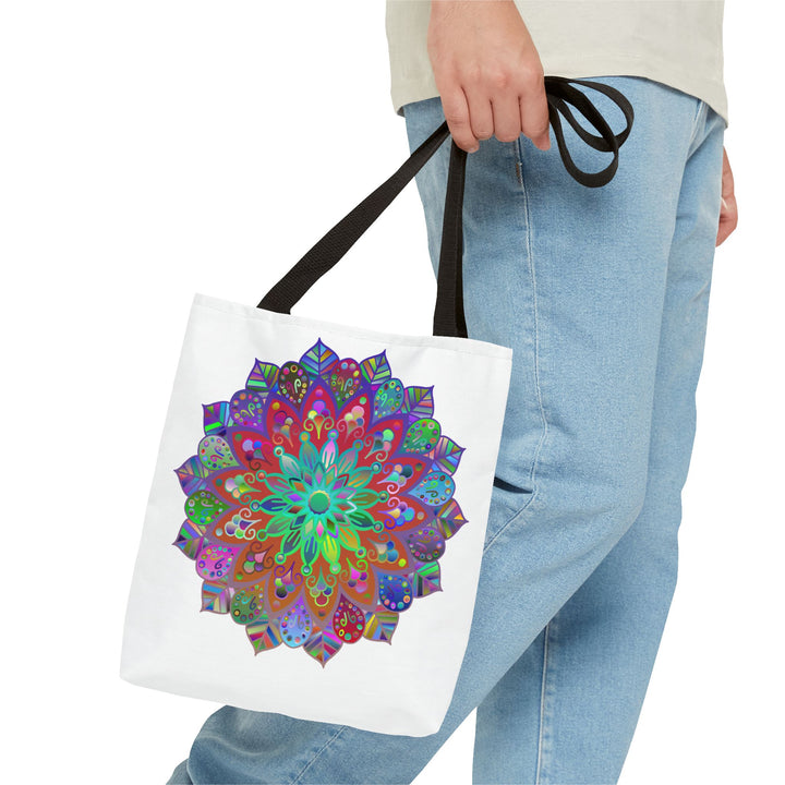 A vibrant and intricately designed Colorful Mandala Tote Bag (AOP) with bold, eye-catching patterns and colors, perfect for carrying all your essentials in style