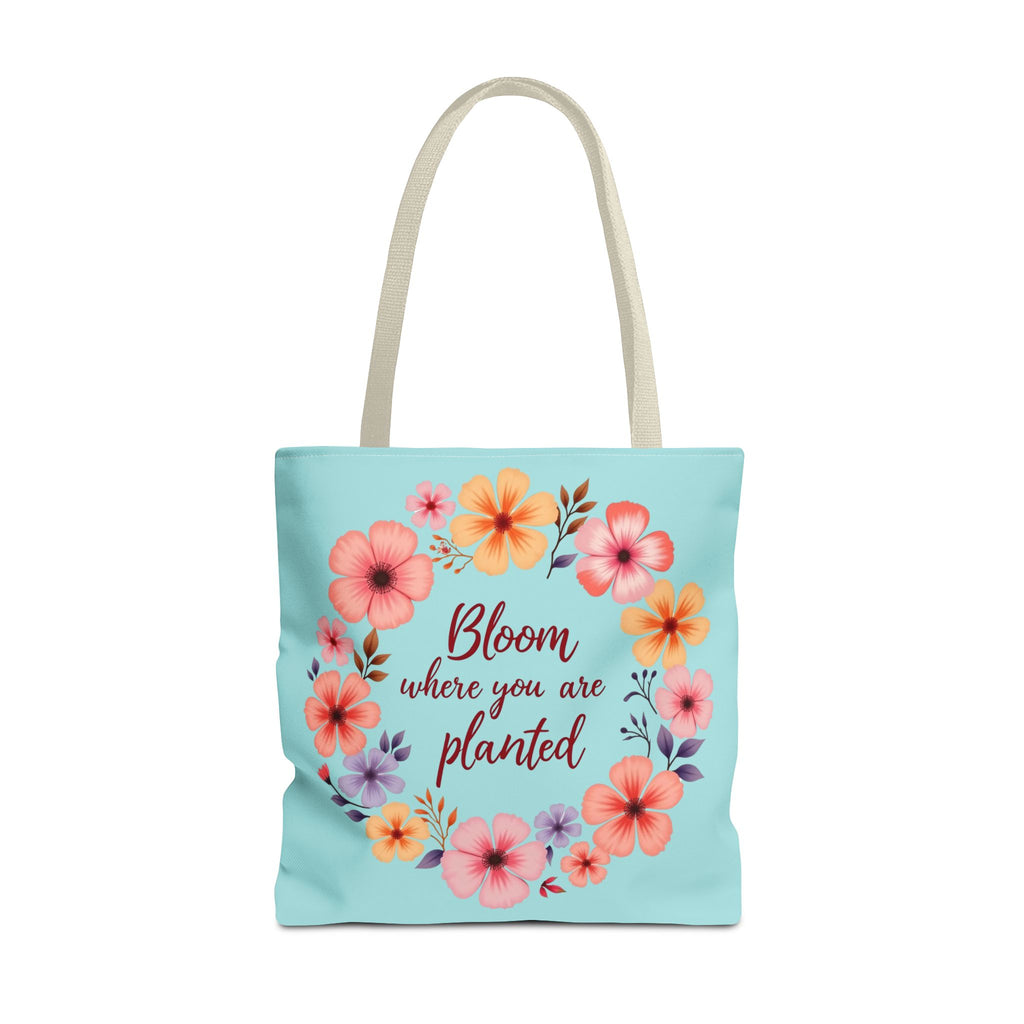 Floral Tote Bag featuring the quote 'Bloom Where You Are Planted' available in 3 different sizes