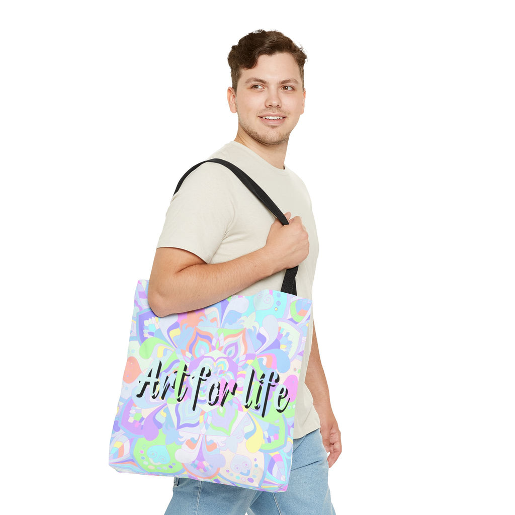 Colorful and vibrant mandala tote bag with 'Art for Life' quote, perfect for carrying your essentials in style and spreading positive vibes