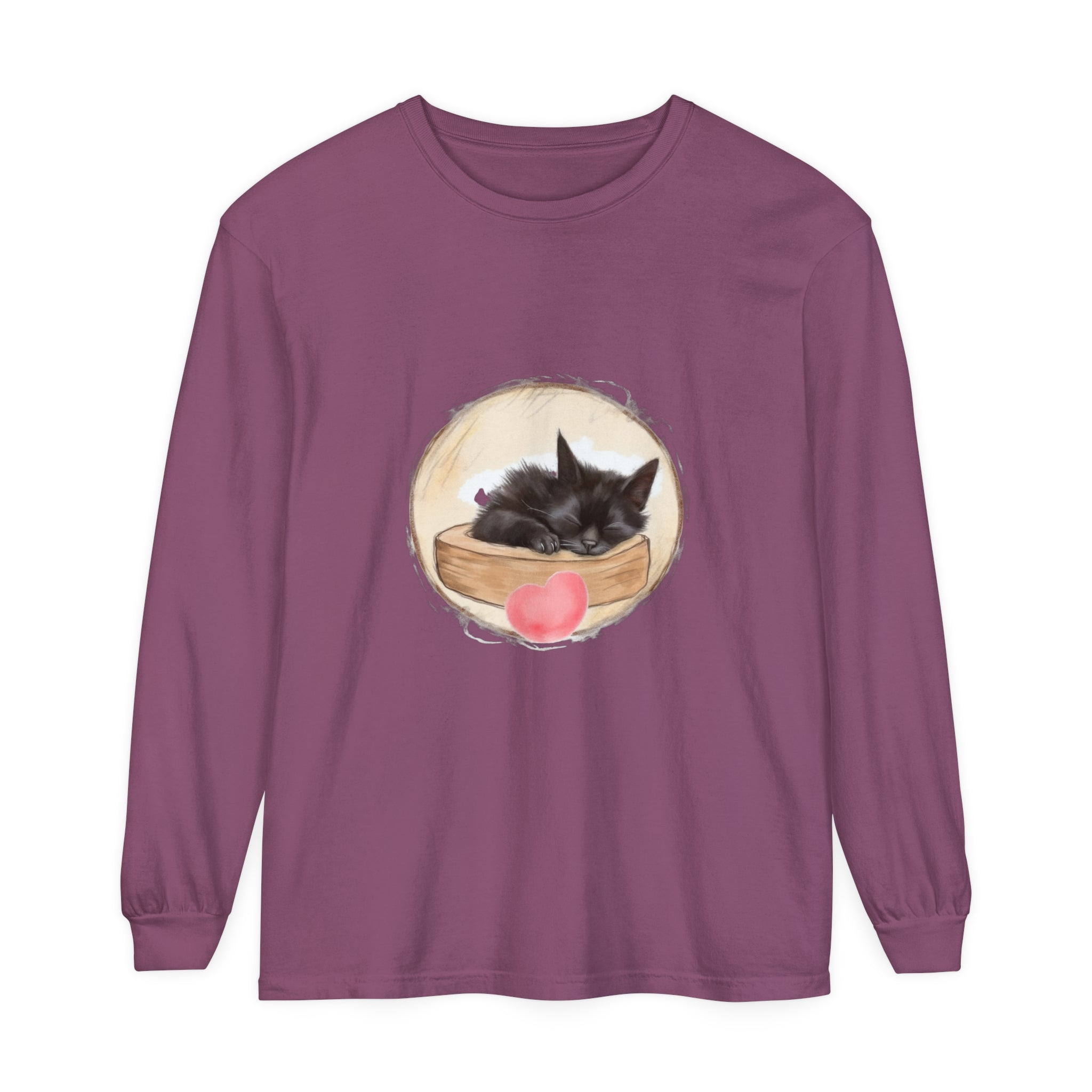 Adorable gray unisex t-shirt featuring a sleeping kitten design perfect for bedtime