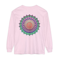 Colorful and detailed mandala design on a long sleeve t-shirt for all genders