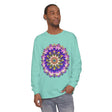 Close-up image showcasing the vibrant colors and intricate details of the t-shirt's mandala design