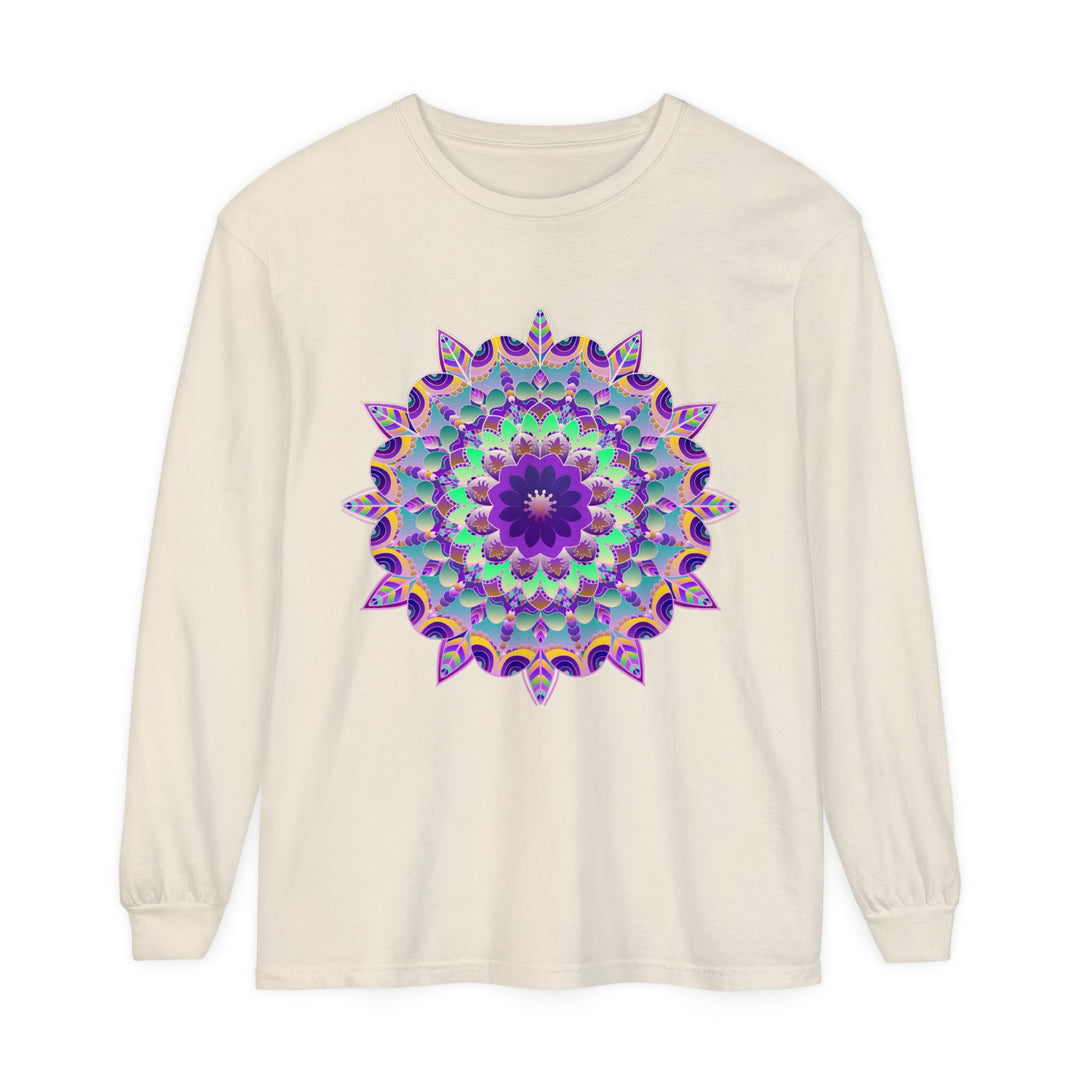 Colorful psychedelic mandala design printed on a long sleeve t-shirt