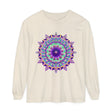 Colorful psychedelic mandala design printed on a long sleeve t-shirt