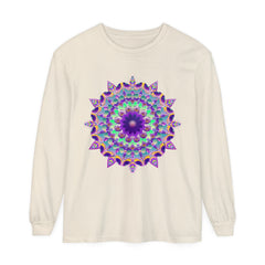 Colorful psychedelic mandala design printed on a long sleeve t-shirt