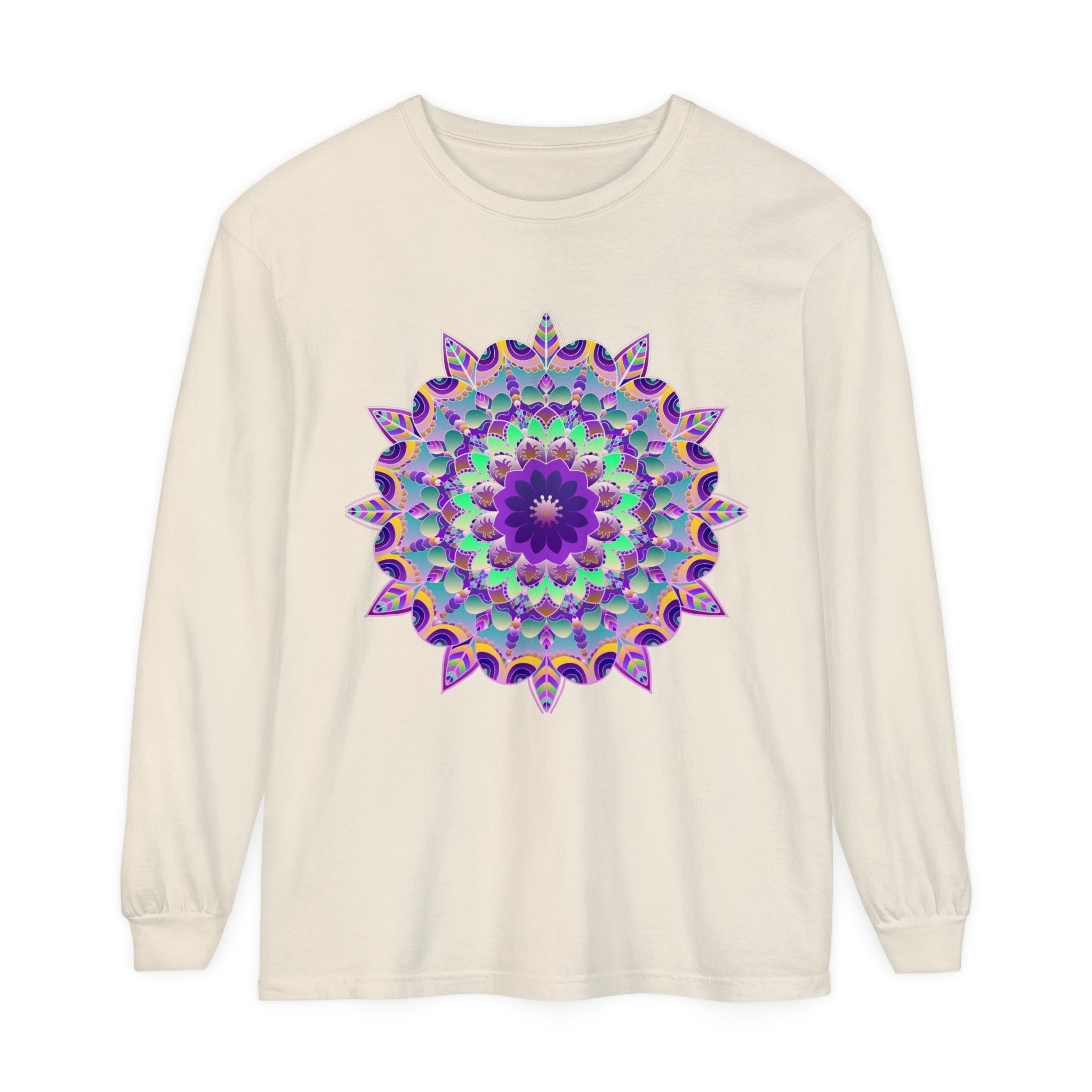 Colorful psychedelic mandala design printed on a long sleeve t-shirt