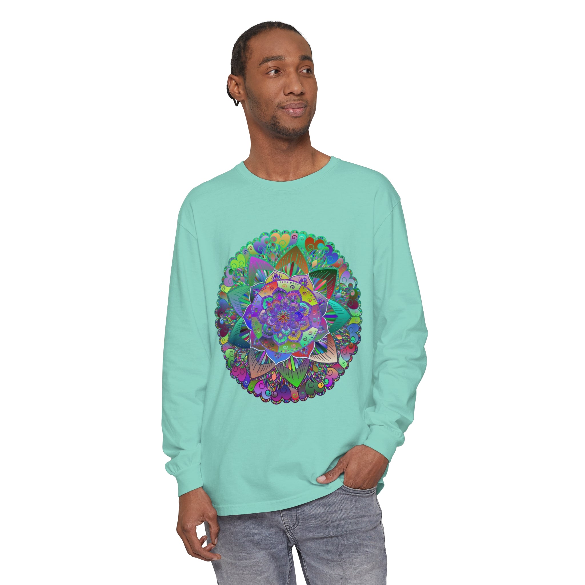 Colorful and intricate mandala design on a long sleeve unisex t-shirt