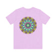 A vibrant and colorful mandala tee featuring intricate spiritual designs for promoting peace and harmony