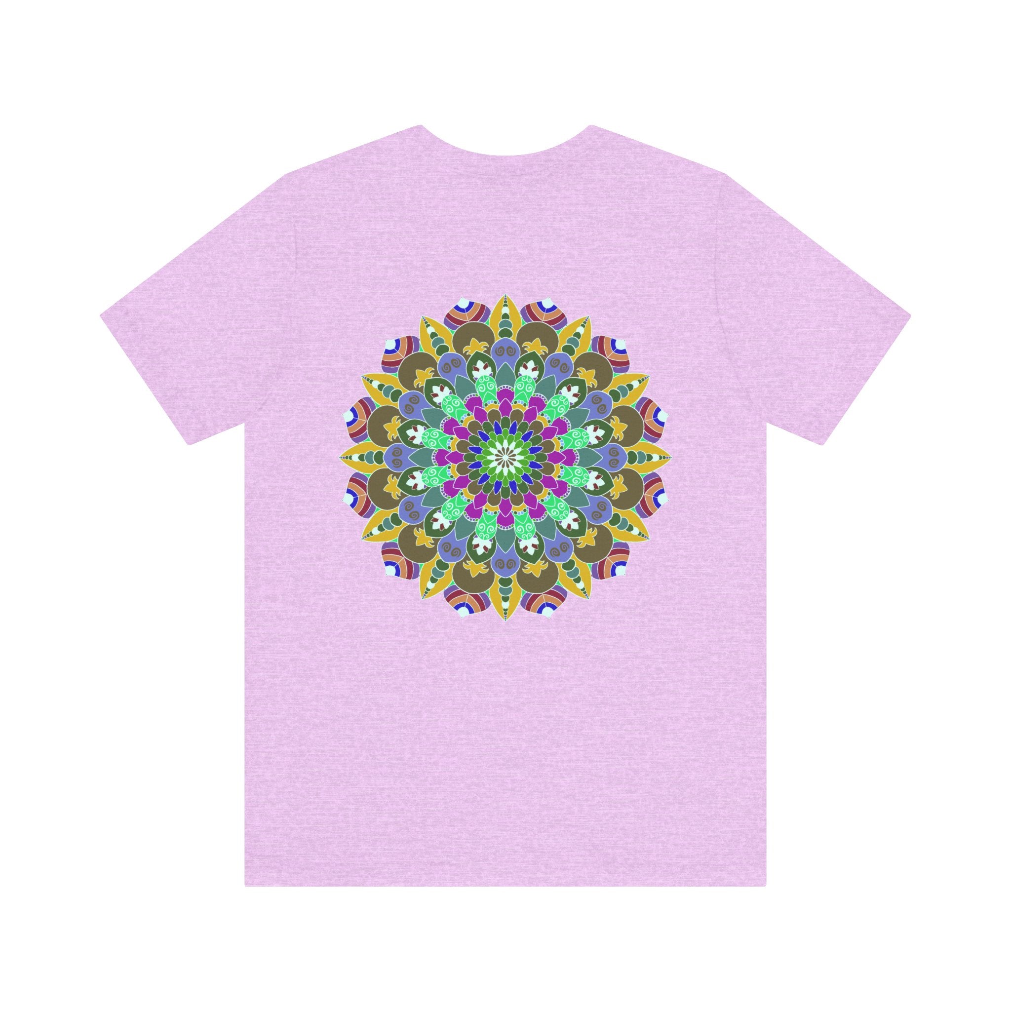 A vibrant and colorful mandala tee featuring intricate spiritual designs for promoting peace and harmony