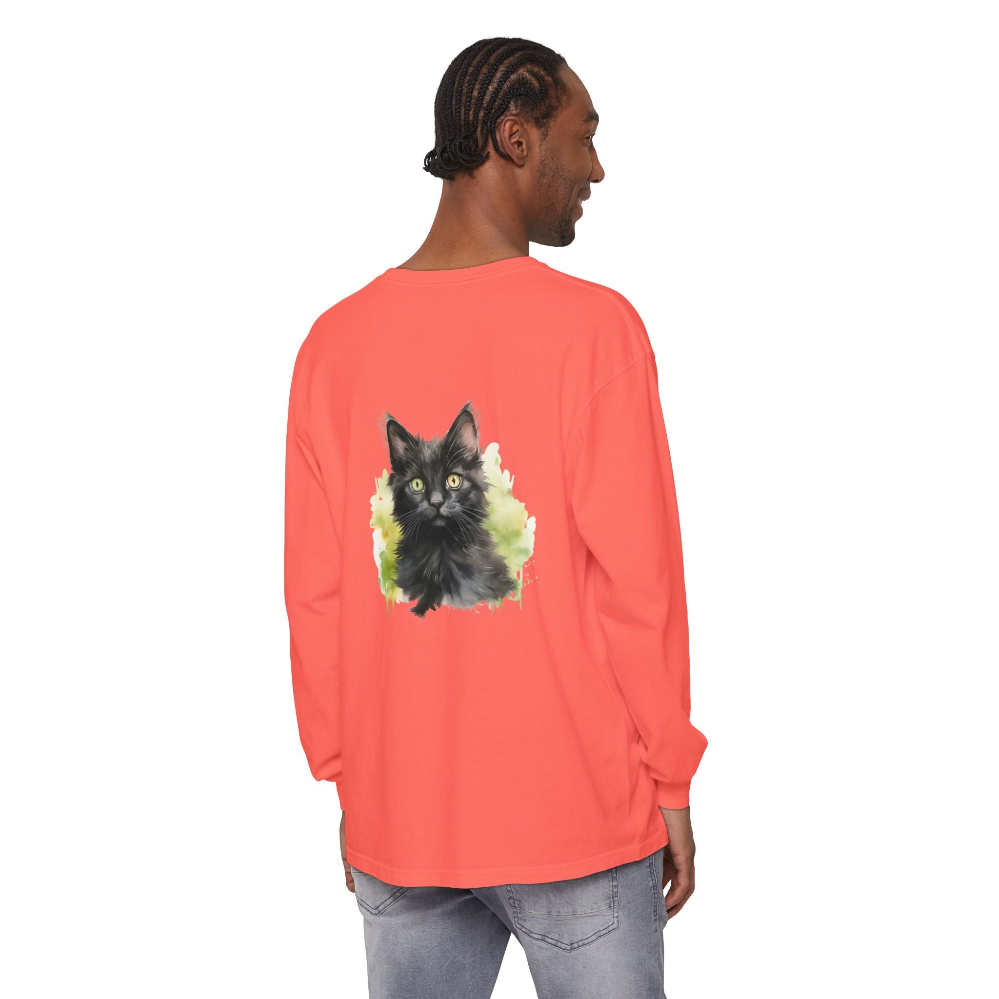 Maglietta a maniche lunghe con motivo acquerello gattino nero