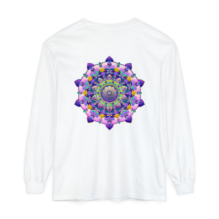 Colorful and intricate mandala design printed on a unisex long sleeve t-shirt