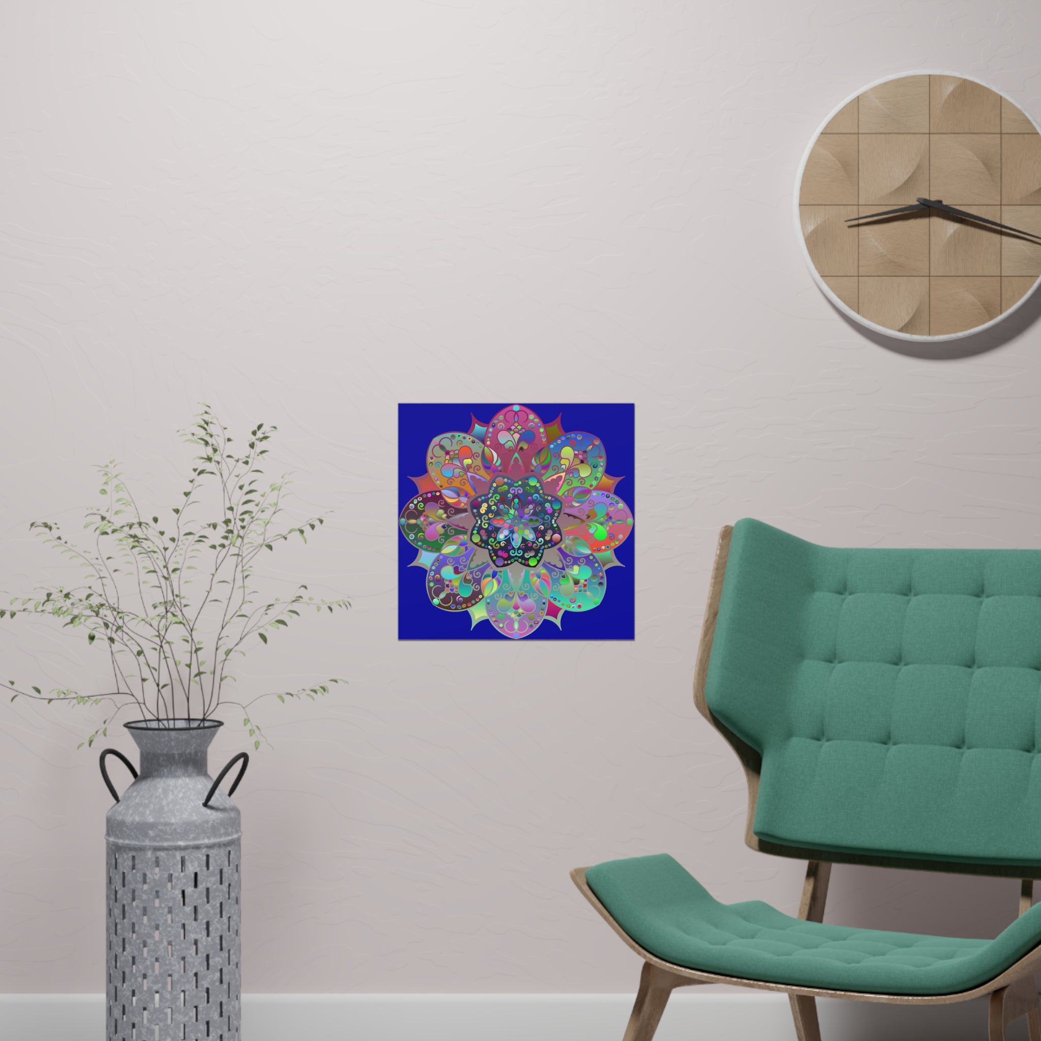 Gorgeous square matte paper poster displaying a hand-drawn bright mandala art in dark blue