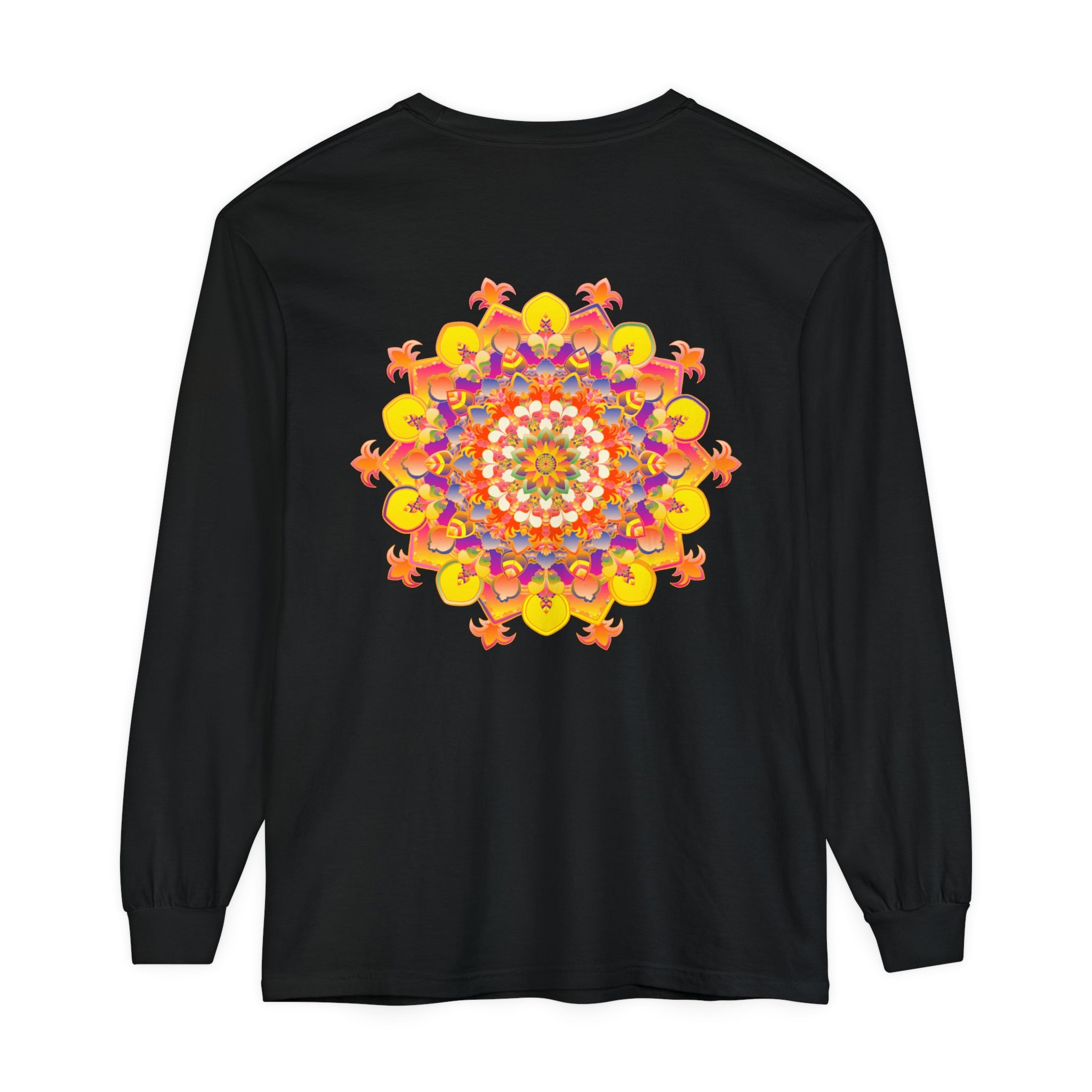 Colorful and intricate mandala design on a long sleeve t-shirt for all genders