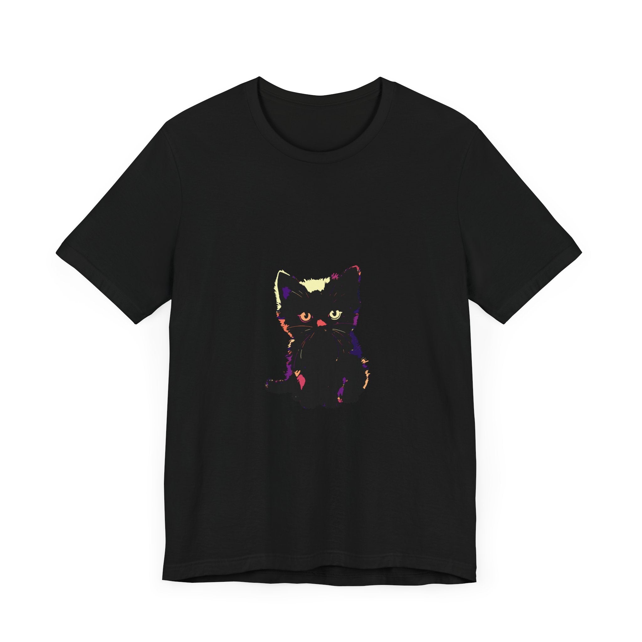 A close-up image of a black graphic tee with a cute cat illustration on the front