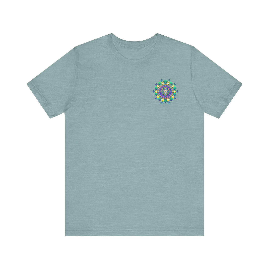 A close-up image of a vibrant mandala tee, featuring intricate geometric patterns in vibrant colors, evoking a sense of spiritual peace and harmony