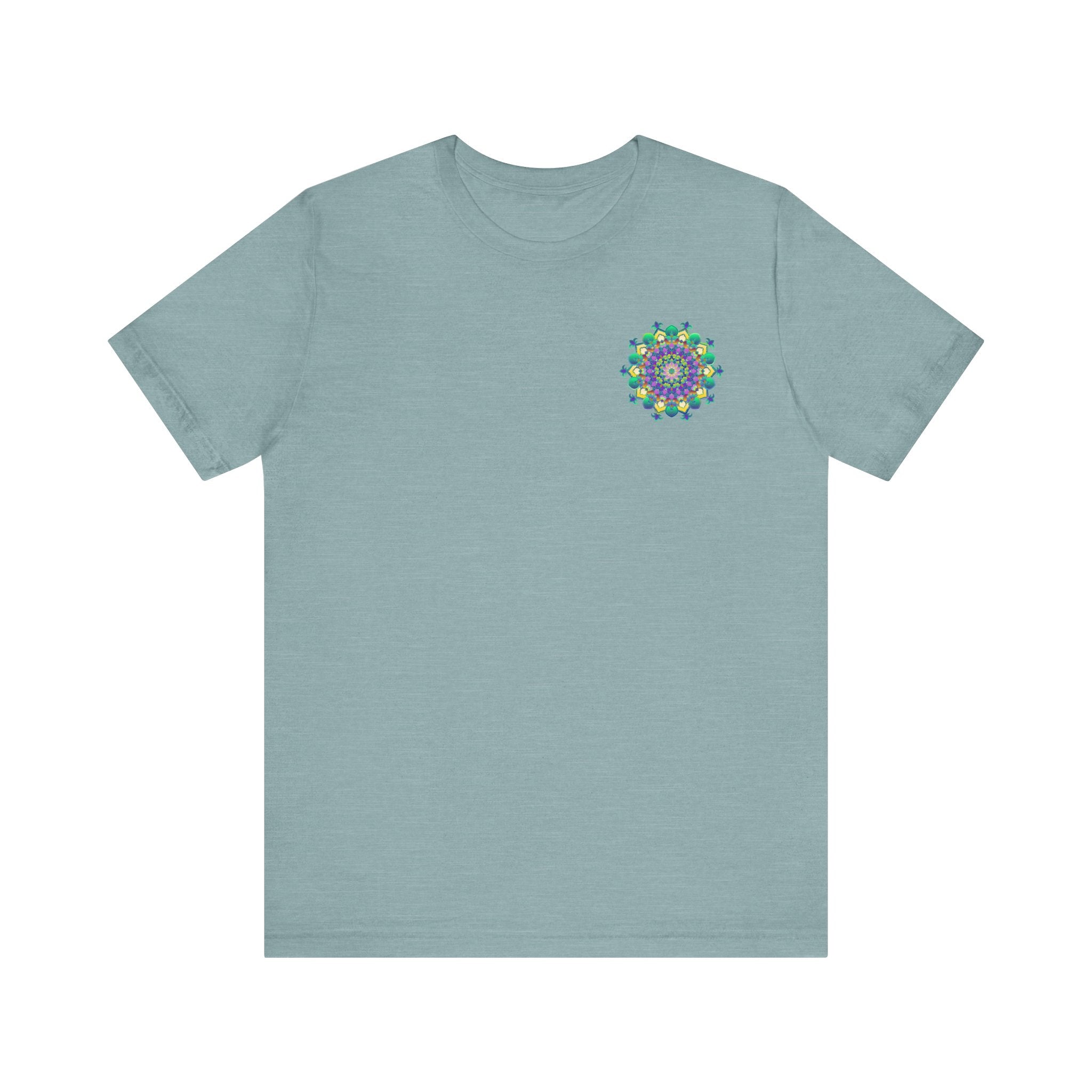 A close-up image of a vibrant mandala tee, featuring intricate geometric patterns in vibrant colors, evoking a sense of spiritual peace and harmony