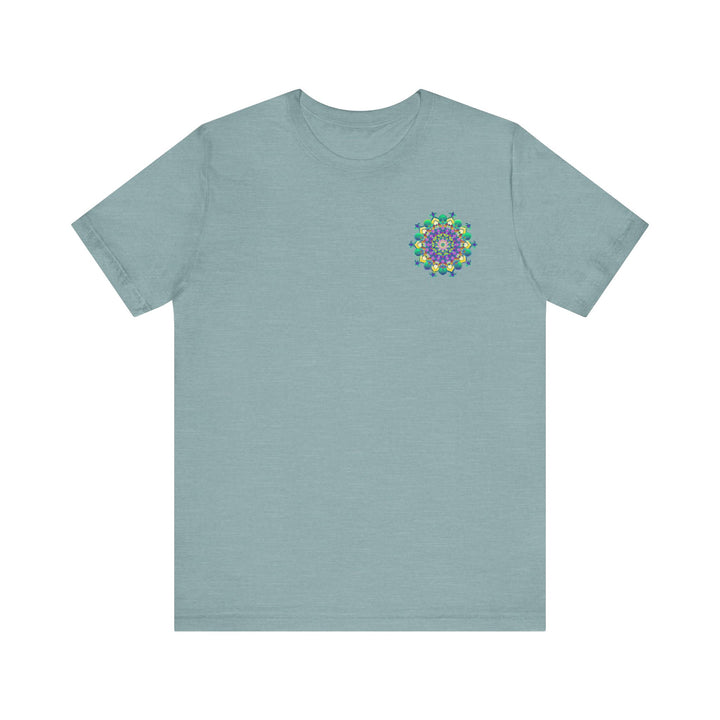 A close-up image of a vibrant mandala tee, featuring intricate geometric patterns in vibrant colors, evoking a sense of spiritual peace and harmony